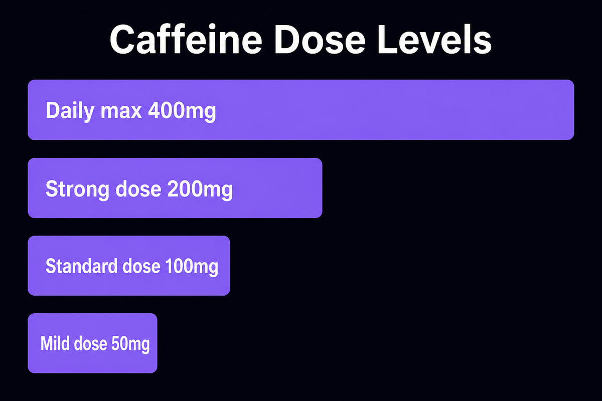 Bar chart of caffeine dose levels: daily maximum 400 mg, strong dose 200 mg, standard dose 100 mg, mild dose 50 mg